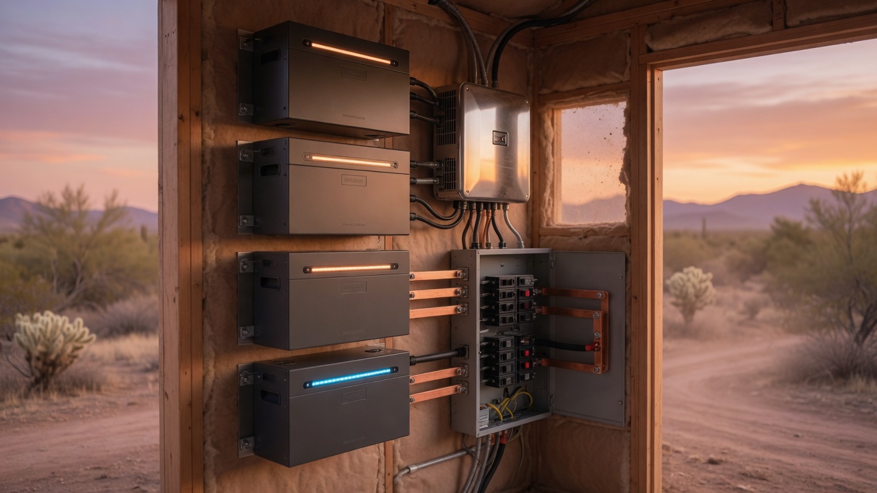 Wall-mounted lithium battery cabinets in an off-grid utility shed with copper bus bars