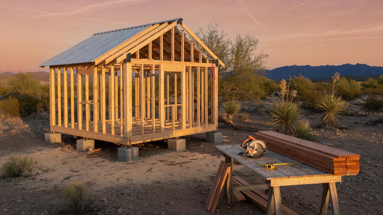 Small off-grid cabin under construction with framing and metal roof in Arizona high desert