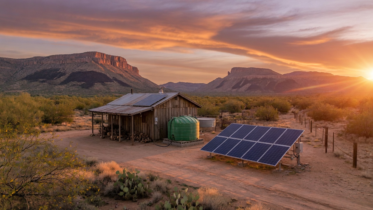 Wide overlook of an Arizona high desert off-grid homestead at golden hour with cabin, solar array, water cistern