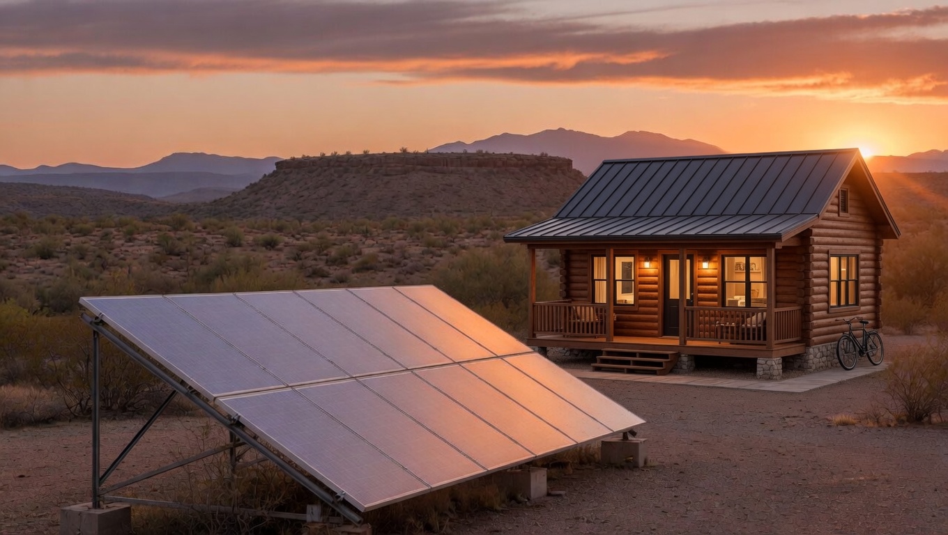 Tilted solar array on a steel ground-mount rack at golden hour over Arizona high desert