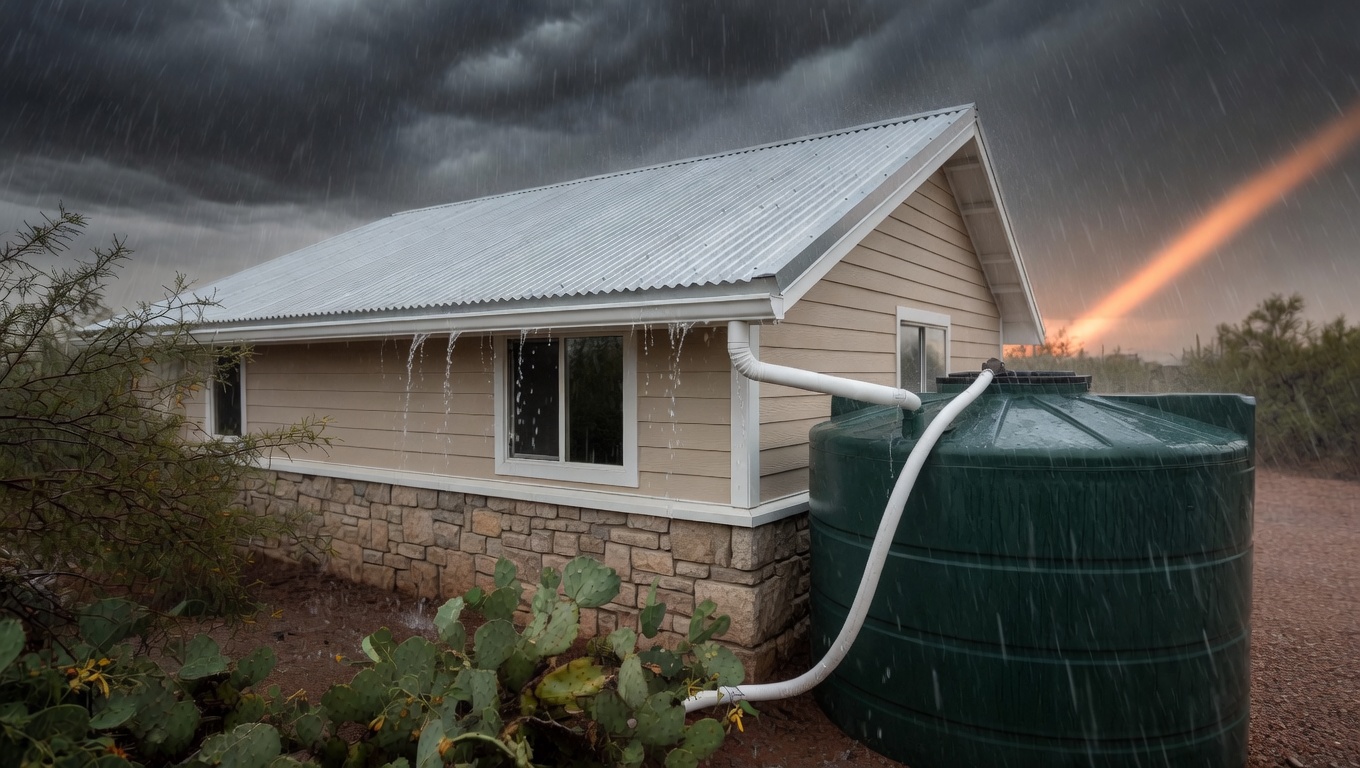 Rain pouring off a corrugated metal cabin roof into a green polyethylene cistern during an Arizona monsoon